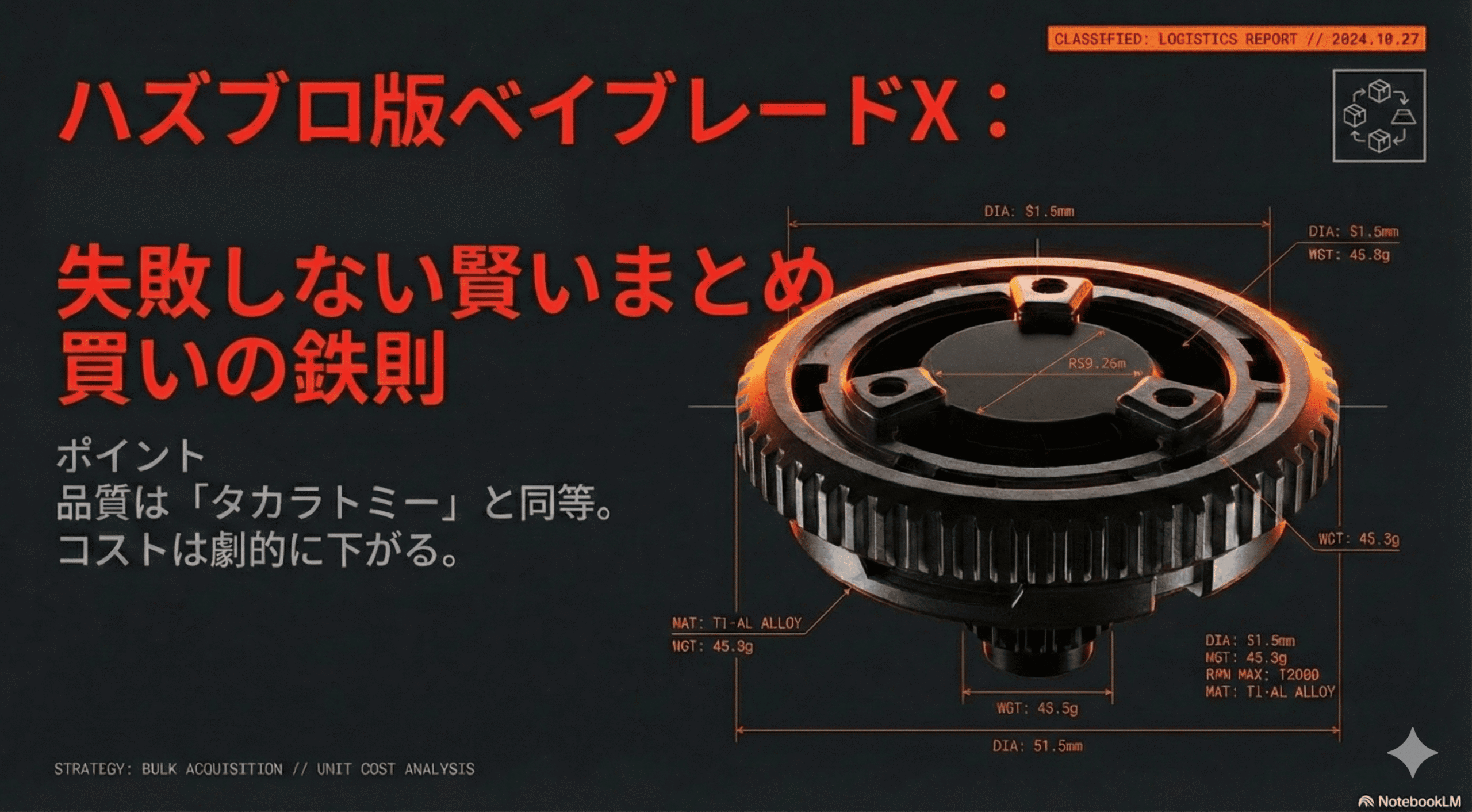 ハズブロ版ベイブレードXを個人輸入する際の物流レポートと失敗しないための賢いまとめ買いの鉄則を表紙にしたスライド資料