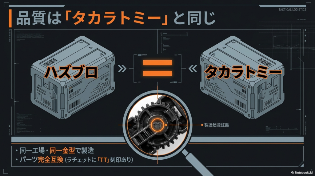 ハズブロとタカラトミーの製造工場と金型の共通性 ハズブロ版とタカラトミー版のベイブレードXは同一工場かつ同一金型で製造されておりパーツの完全互換性があることを示す図解