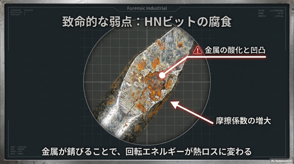 HNビットの致命的な弱点である金属腐食のメカニズム HNビットの金属軸が酸化し、表面に凹凸ができることで摩擦係数が増大し、回転エネルギーが熱ロスに変わる仕組みの解説図。