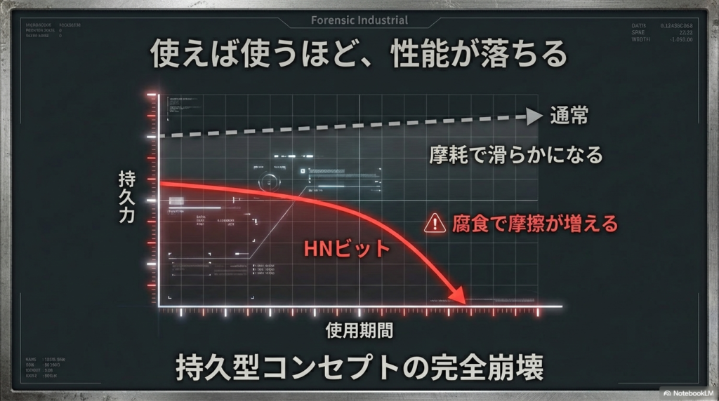 使用期間に伴うHNビットの持久力低下グラフ 通常のビットは摩耗で滑らかになるが、HNビットは腐食で摩擦が増え、使用期間とともに持久力が急激に低下することを示すグラフ。