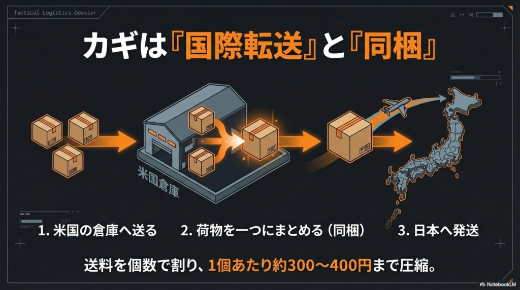 国際転送と同梱サービスを活用した送料圧縮の仕組み 米国の倉庫で複数の荷物を一つにまとめる同梱サービスを利用して日本への送料を圧縮する国際物流のフロー図