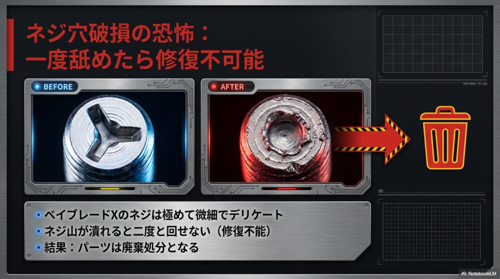 精密でデリケートなベイブレードXのネジ山が潰れ、二度と回せなくなってしまった状態の拡大画像。