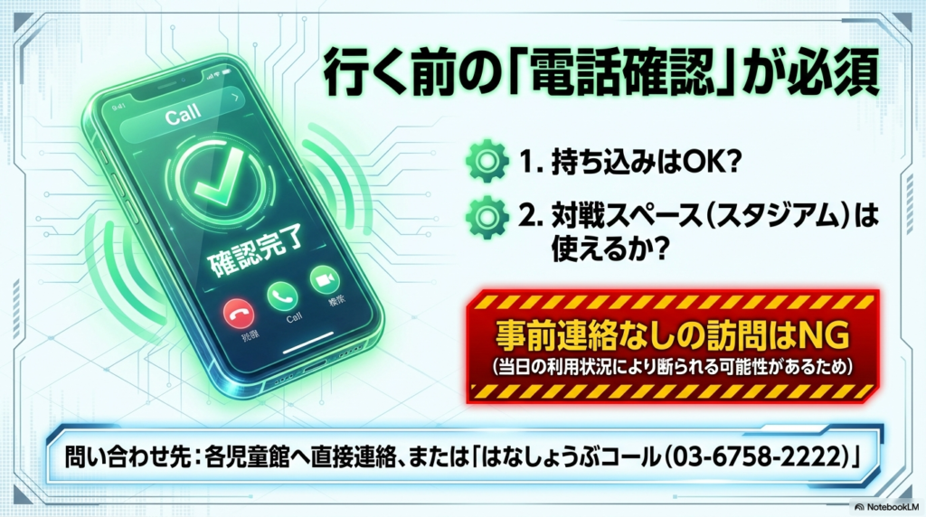 児童館への電話確認マニュアル 児童館へ行く前に電話で確認すべき持ち込み可否と対戦スペースの有無