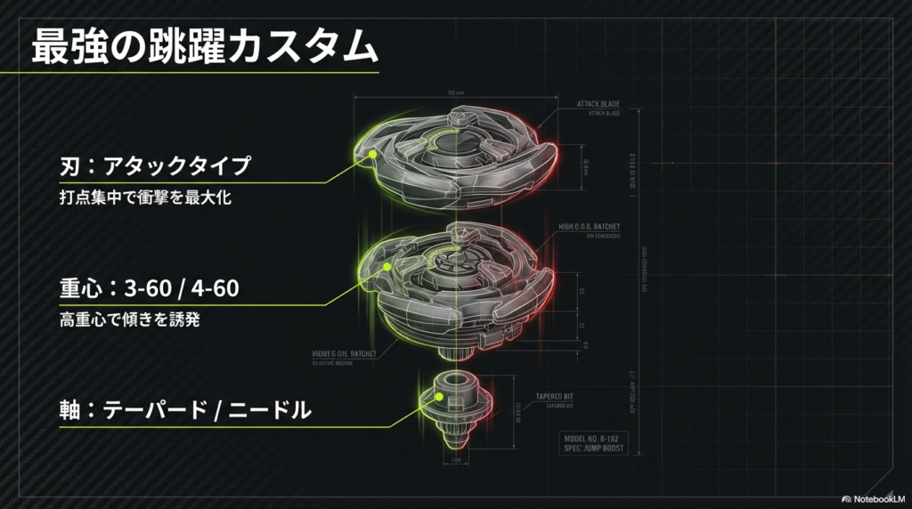 跳躍型ベイブレードの最強カスタマイズ例 攻撃的なブレード、高重心のラチェット、テーパードまたはニードルビットを組み合わせたジャンプ特化の改造レシピです。