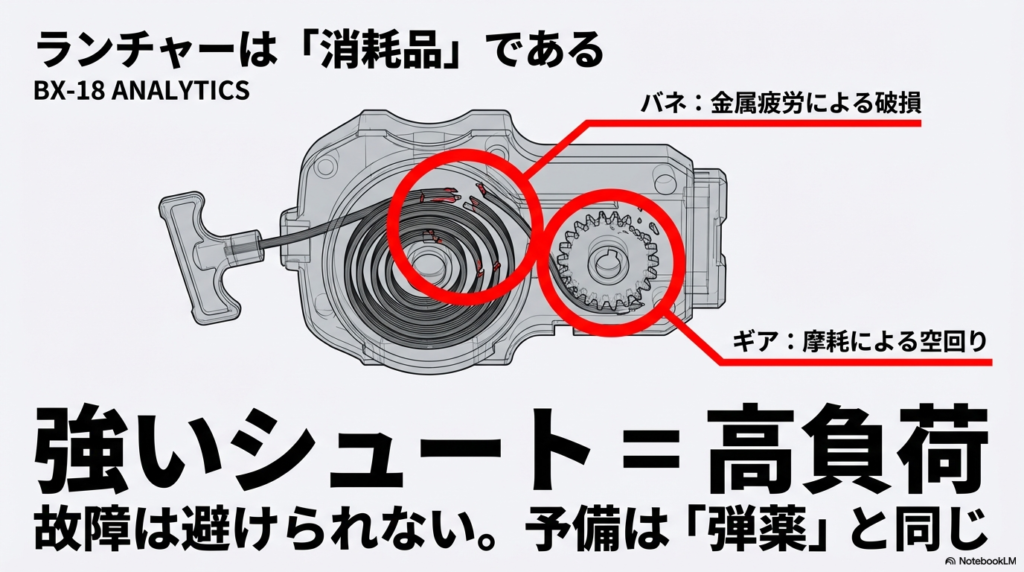 ストリングランチャーの内部構造図解。バネの金属疲労による破損やギアの摩耗による空回りが故障原因であることを示すイラスト
