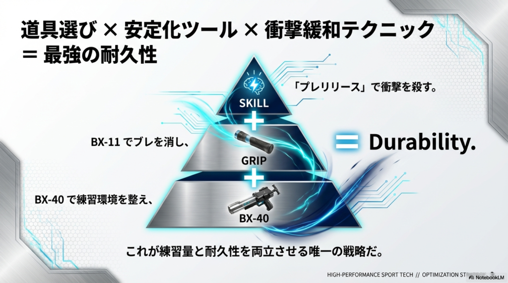 耐久性を最大化する3つの要素 道具選び(BX-40)、ツール(グリップ)、技術(プレリリース)で構成される耐久性最適化のピラミッド図