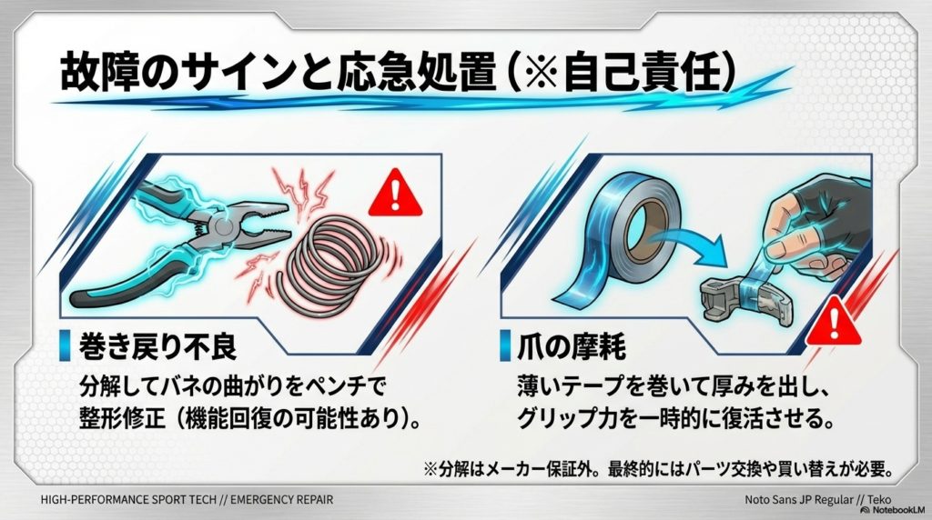 ランチャー故障のサインと自分でできる応急処置 巻き戻り不良のバネ修正と爪の摩耗に対するテープ補強の応急処置方法を描いたイラスト