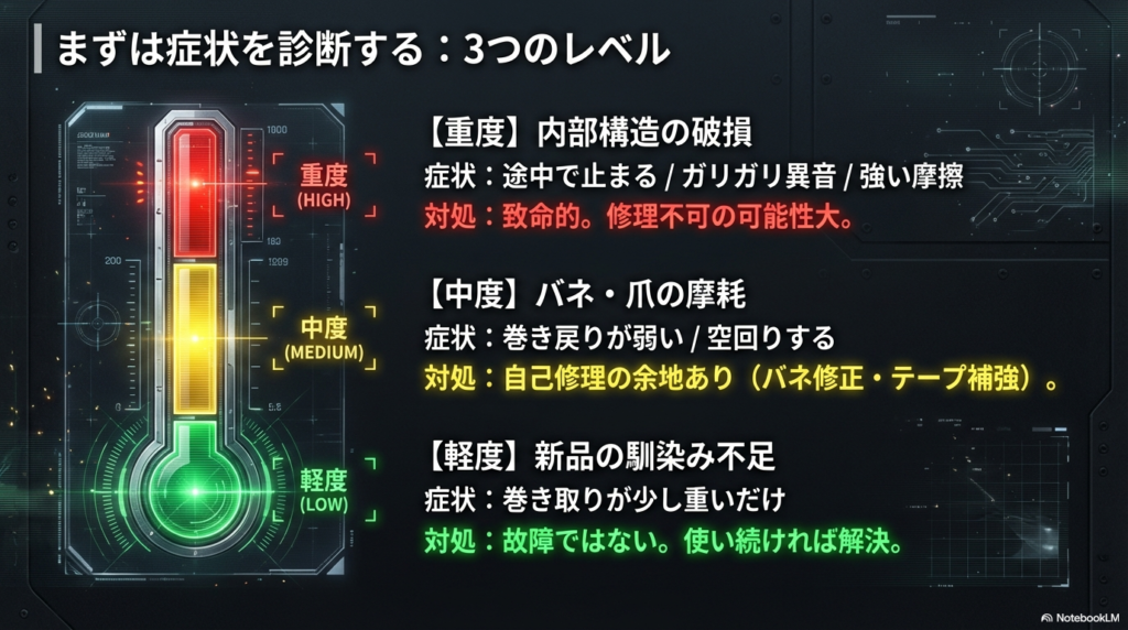 故障レベル診断チャート(軽度・中度・重度) ランチャーの紐が戻らない症状を、軽度・中度・重度の3段階に分けて解説した温度計型の診断チャート図。