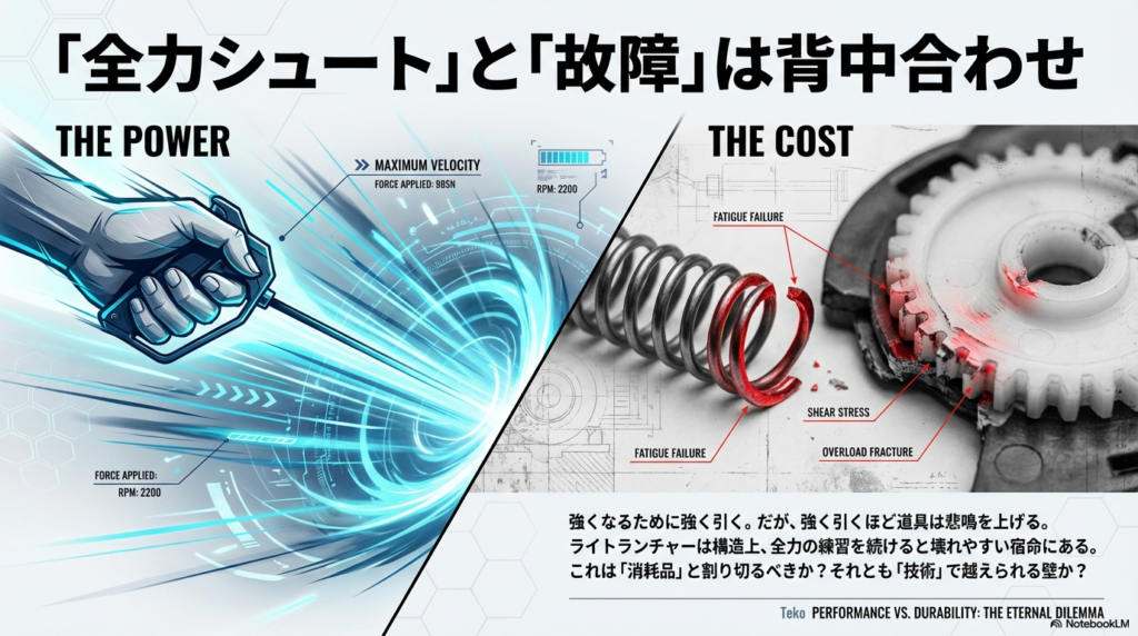 全力シュートによる負荷と故障のリスク ベイブレードのランチャーに強い負荷がかかり疲労破壊が起きるメカニズムのイメージ図