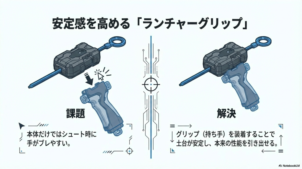 ランチャーグリップ装着による安定性の向上 ランチャー本体だけでの手ブレの課題と、グリップを装着することで土台が安定し性能を引き出せる解決策を比較したイラストです。
