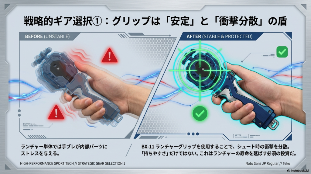 ランチャーグリップによる安定化と衝撃分散 ランチャーグリップ(BX-11)装着前と装着後の安定性の違いと衝撃分散効果を示す比較図