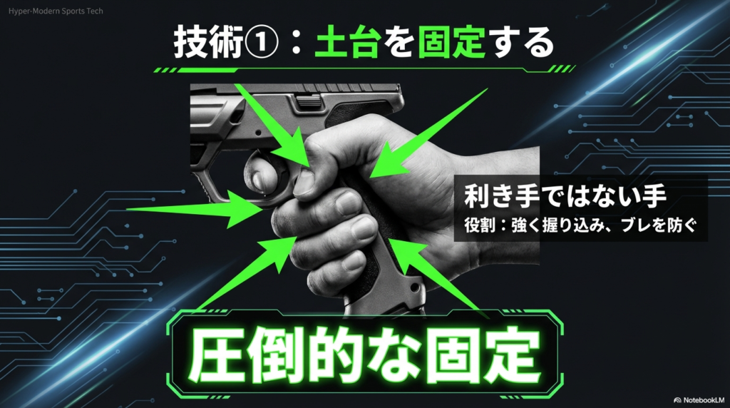 土台を固定する利き手ではない手の役割 利き手ではない手で強く握り込み圧倒的な固定力でブレを防ぐ技術の解説