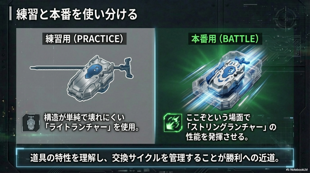 練習用と本番用のランチャー使い分け戦略 壊れにくいライトランチャーを練習用に使い、ここぞという場面でストリングランチャーを使うという、道具の寿命管理についての提案図。