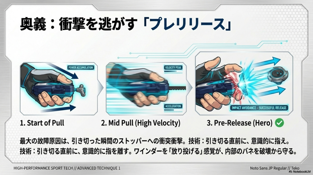 衝撃を逃がす奥義「プレリリース」 ワインダーを引き切る直前に指を離して衝撃を回避し、バネを守るプレリリース技術の図解
