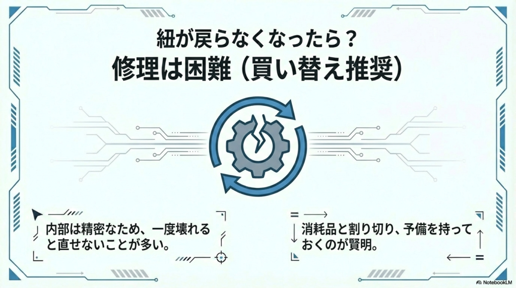 紐が戻らない故障の原因と修理の難しさ 内部構造が精密なため修理が困難であり、ランチャーは消耗品として割り切って予備を持つことが推奨されることを説明した図です。
