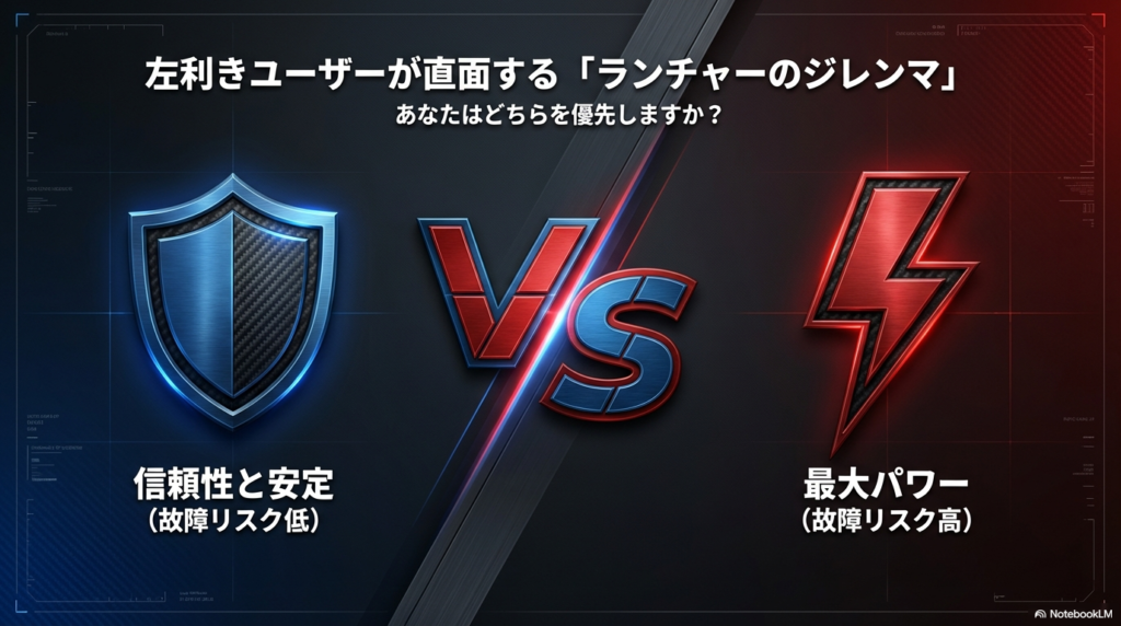 左利きユーザーのランチャー選択のジレンマ 信頼性と安定性を取るか最大パワーを取るかという、左利きプレイヤーが直面するランチャー選びのジレンマを比較したイメージ図です。