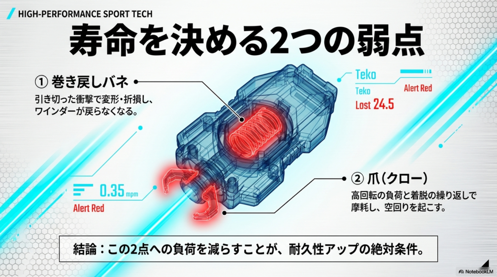 ライトランチャーの寿命を決める2つの弱点 ライトランチャーの主な故障原因となる巻き戻しバネと爪(クロー)ギアの解説図