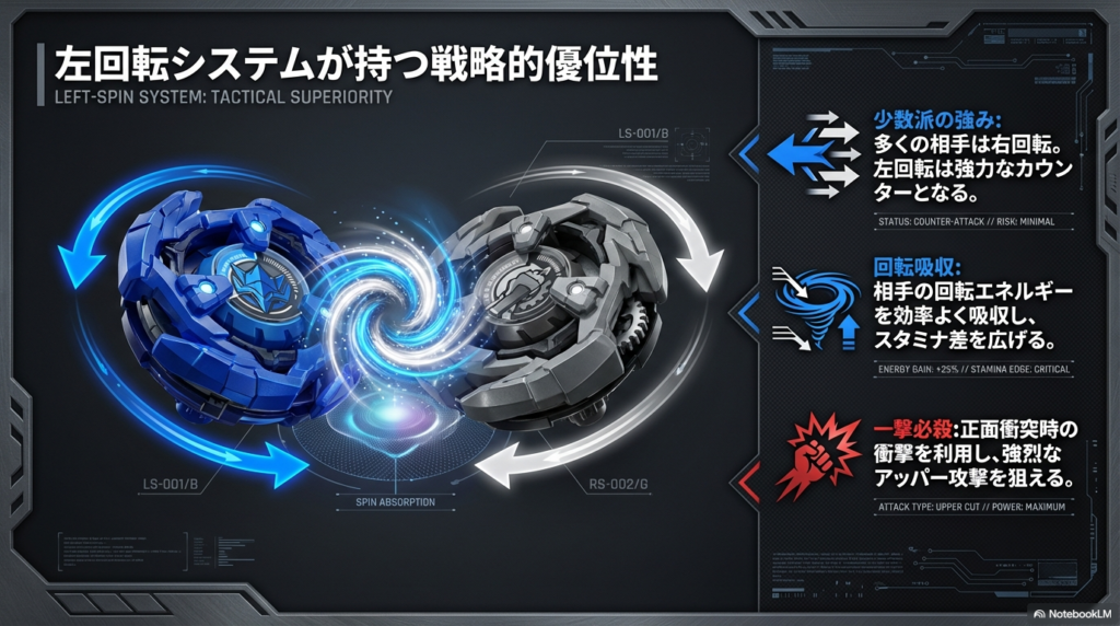左回転システムのカウンター性能と回転吸収 左回転ベイブレードが右回転の相手に対して回転力を吸収し、強力なカウンター攻撃を仕掛ける仕組みを図解しています。