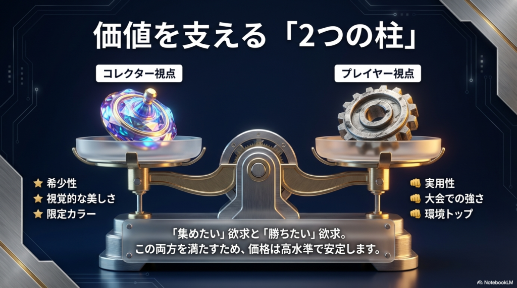 ベイブレード限定品の価値を支える希少性と実用性の2つの柱 コレクター視点の「希少性・美しさ」と、プレイヤー視点の「実用性・大会での強さ」が両立することで価格が安定する仕組み。