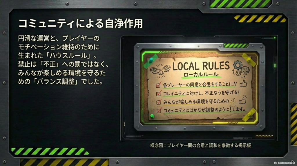 プレイヤーの合意と楽しむ環境を守るために、コミュニティ独自のハウスルールが設定されたことを示す掲示板のイメージ。