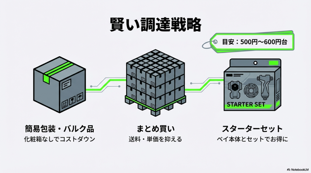 簡易包装やバルク品、スターターセットの活用など、ランチャーのコストを抑えるための賢い買い方のイラスト