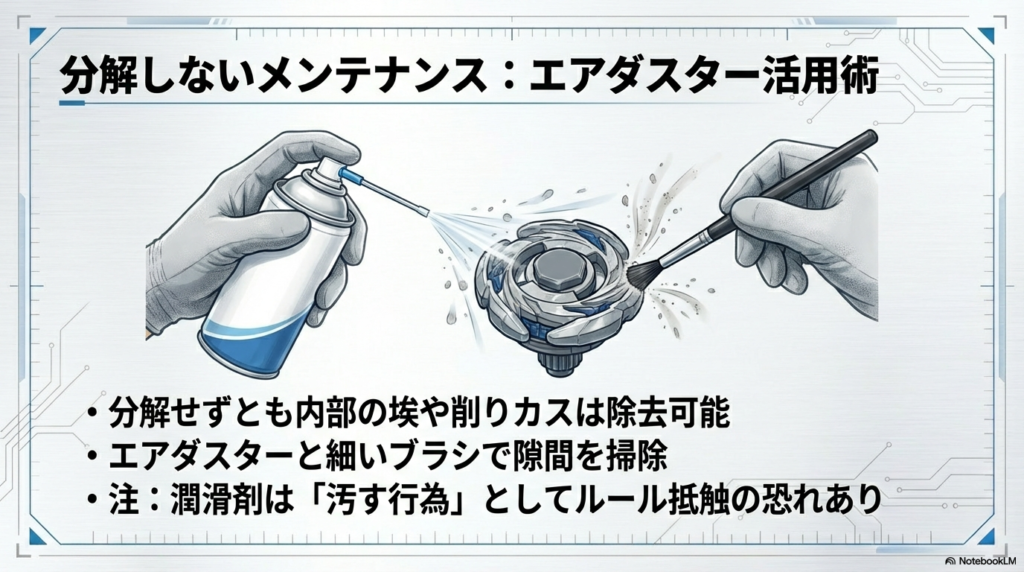 分解を行わずにエアダスターや細いブラシを活用して、内部の埃や削りカスを安全に除去するメンテナンス方法。