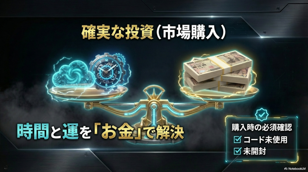 市場購入時に確認すべき必須チェックポイント 市場で購入する際、時間と運をお金で解決する確実な投資とするために、必ず「コード未使用」であることと「未開封」であることを確認するよう注意を促すスライドです。