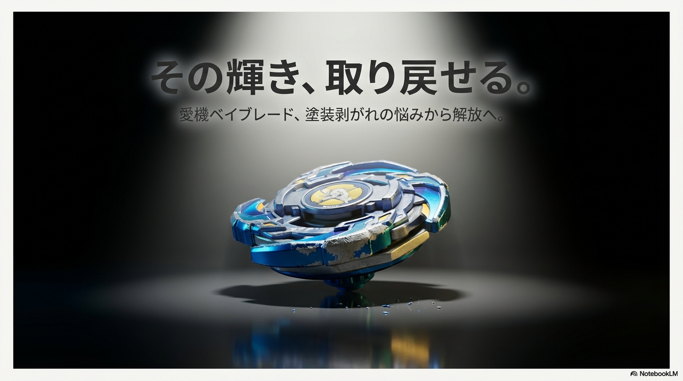 「その輝き、取り戻せる。愛機ベイブレード、塗装剥がれの悩みから解放へ。」というキャッチコピーが書かれた、記事のアイキャッチ画像