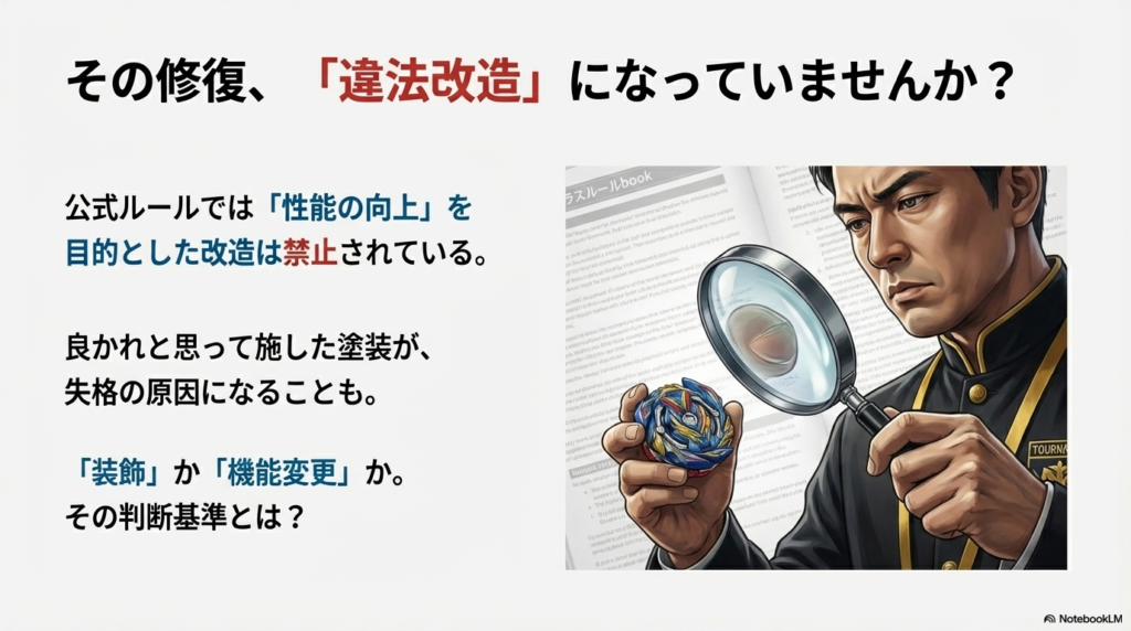 塗装したベイブレードが「装飾」か「違法改造」かを見極めるルールブックと虫眼鏡のイメージ