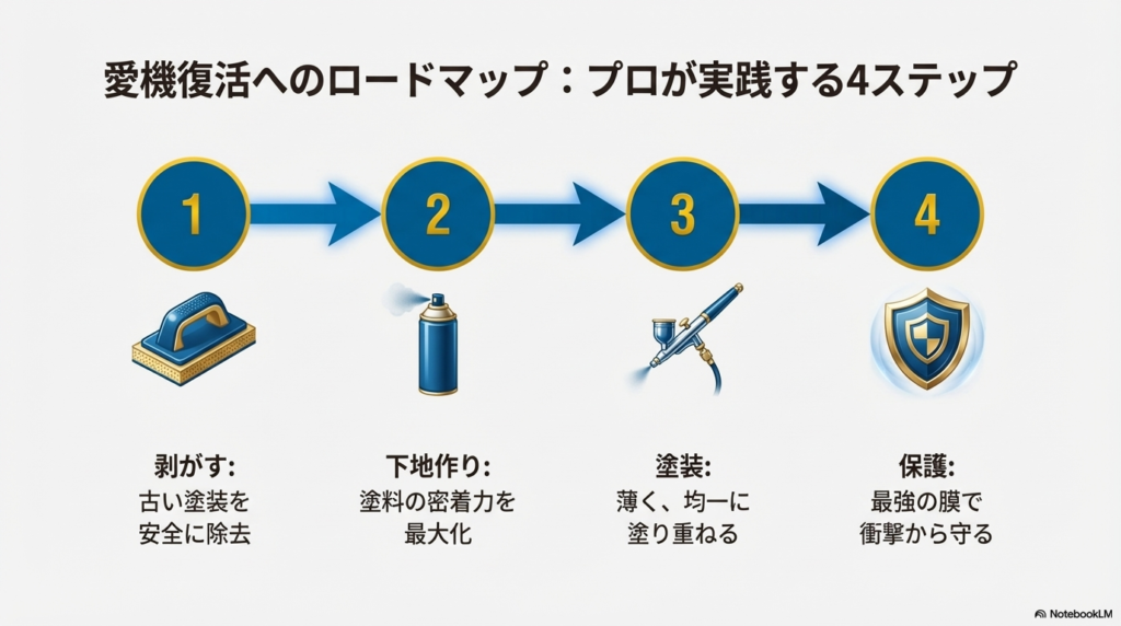 剥がす、下地作り、塗装、保護という、プロが実践する4つの修復工程のロードマップ
