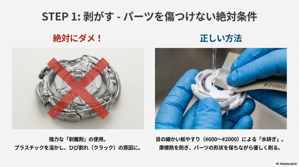 強力な剥離剤はパーツを傷めるため禁止し、紙やすりを使った水研ぎを推奨する比較図