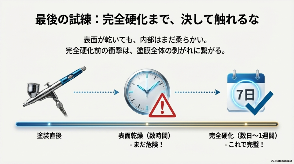 表面が乾いても内部はまだ柔らかいため、数日から1週間の完全硬化期間が必要であることを示す時計の図