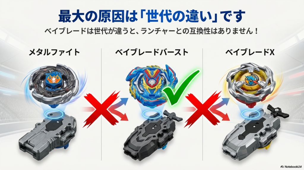 メタルファイト、バースト、Xなど、ベイブレードの世代によってランチャーの形が異なり、互換性がないことを説明する図