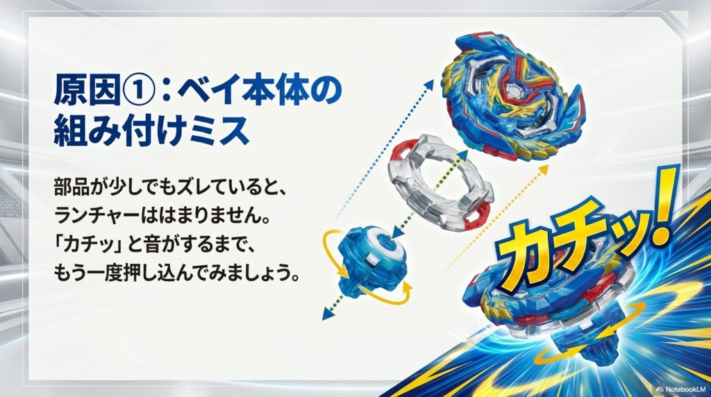 ランチャーの爪とベイブレード本体がしっかり噛み合い、「カチッ」と音がするまで押し込む様子を示した図