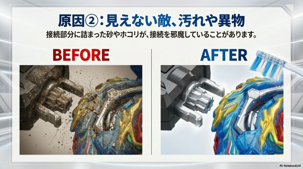 ベイブレードのギア部分に詰まった砂やホコリの拡大図と、ブラシで掃除してきれいになった状態の比較画像
