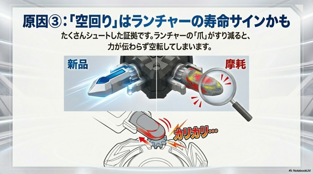 ランチャーの爪が新品の状態と、摩耗して丸くなった状態を比較し、空回りの原因を解説したイラスト