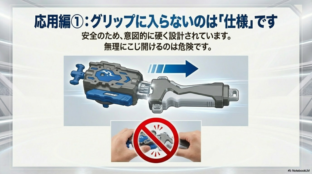 ランチャーグリップへの取り付けが硬いのは仕様であることの説明と、無理な角度でこじ開けようとするNG例のイラスト