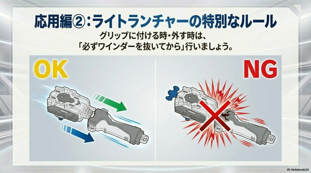 ライトランチャーをグリップに取り付ける際は、必ずワインダー（引く棒）を抜いてから行うことを促すイラスト