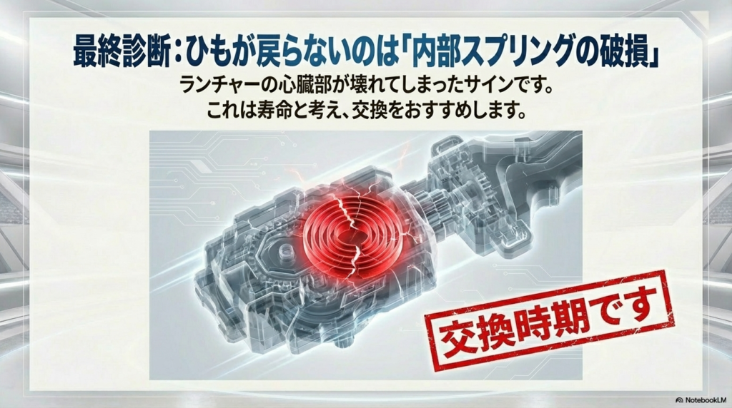 ランチャー内部のスプリングが破損しているイメージ図と、交換時期であることを知らせるアイコン