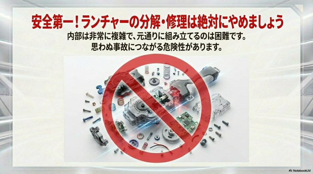 ランチャーの分解や自己修理は危険であるため、絶対に行わないよう注意喚起するマークとテキスト