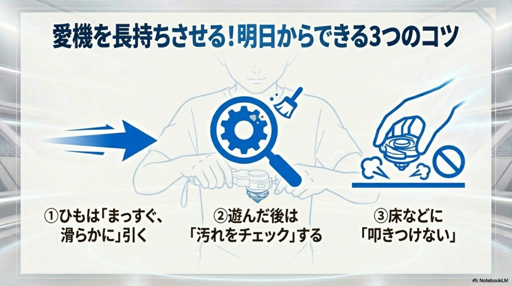 ひもを真っ直ぐ引く、汚れをチェックする、衝撃を与えないという3つのメンテナンスポイントをまとめたイラスト