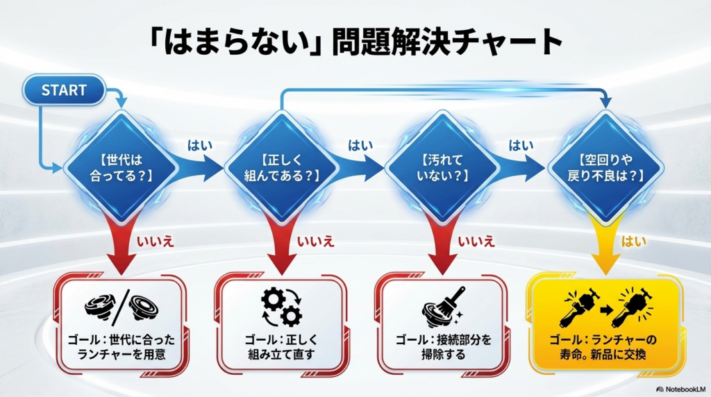ランチャーがはまらない原因を「世代」「組み付け」「汚れ」「寿命」の順にチェックして特定する診断チャート