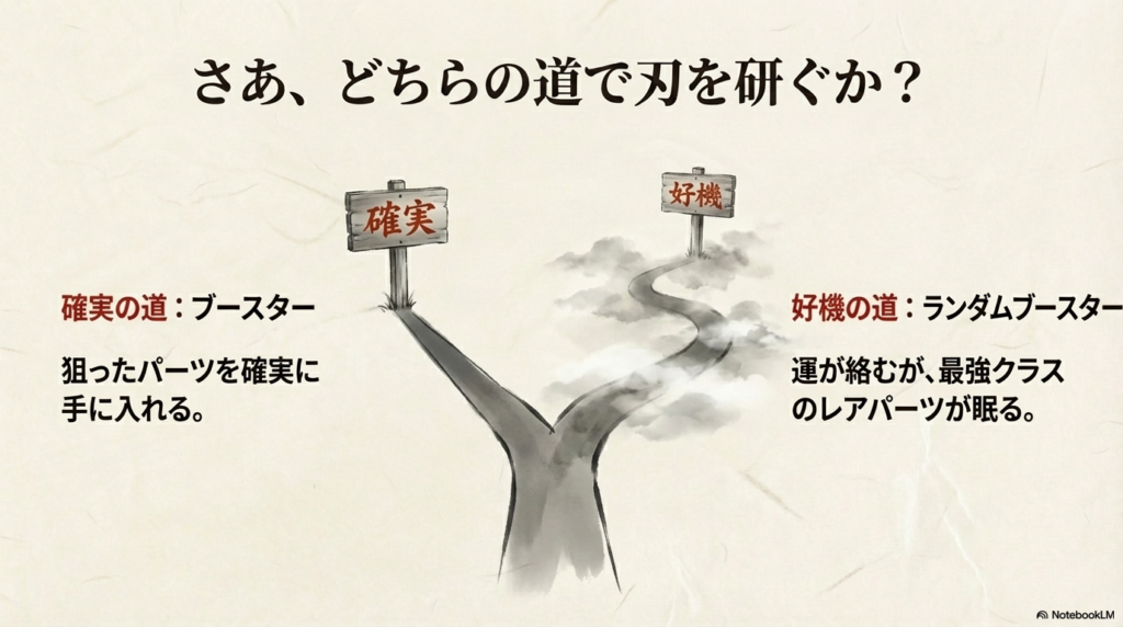 狙ったパーツを買うブースターと、レアパーツを狙うランダムブースターの選択肢を示す図