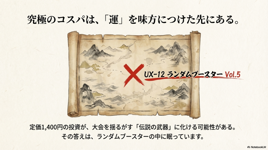 UX-12 ランダムブースター Vol.5を宝の地図に見立て、最強レアパーツの発掘を示すイメージ