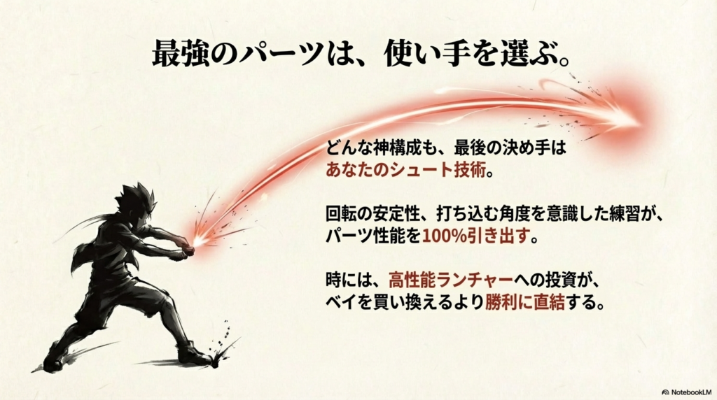 構えをとるブレーダーのシルエット。パーツ性能を100%引き出すための技術の重要性を示唆