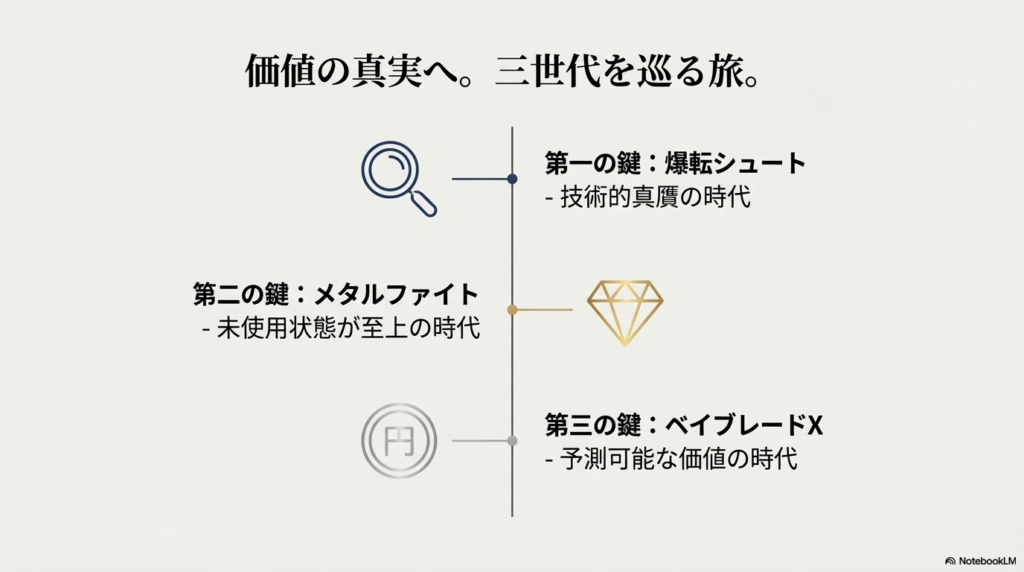 爆転シュートは「技術的真贋」、メタルファイトは「未使用状態」、ベイブレードXは「予測可能な価値」と、世代ごとに異なる価値の決まり方を示した図。