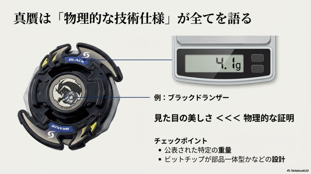 ブラックドランザーの本物を証明するための技術的仕様。見た目よりも、4.1gという特定の重量やビットチップの設計など、物理的な証拠が重要であることを示す図。