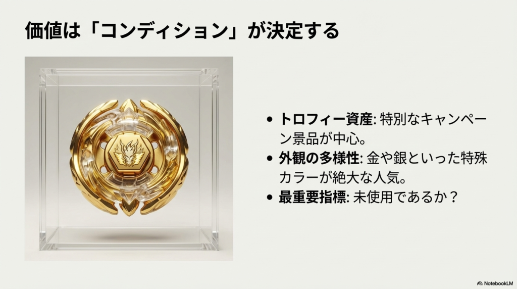 アクリルケースに飾られた金色の限定ベイブレード。キャンペーン景品などのトロフィー資産であり、外観の美しさとコンディションが重要視される。