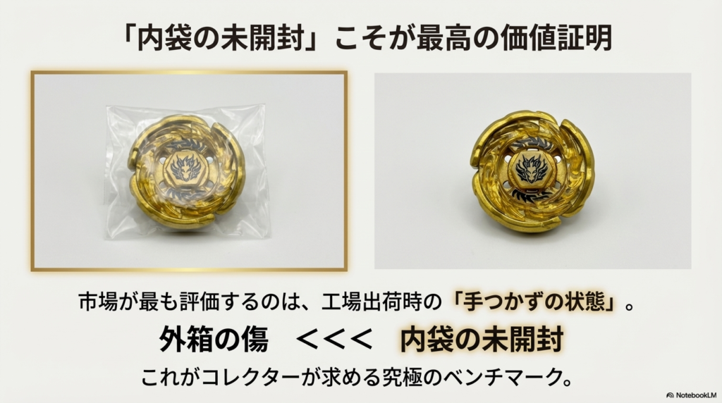 ビニール袋から出されていない工場出荷時の状態の限定ベイブレード。外箱の傷よりも、内袋が未開封であることが市場価値を決定する最重要指標であることの解説。