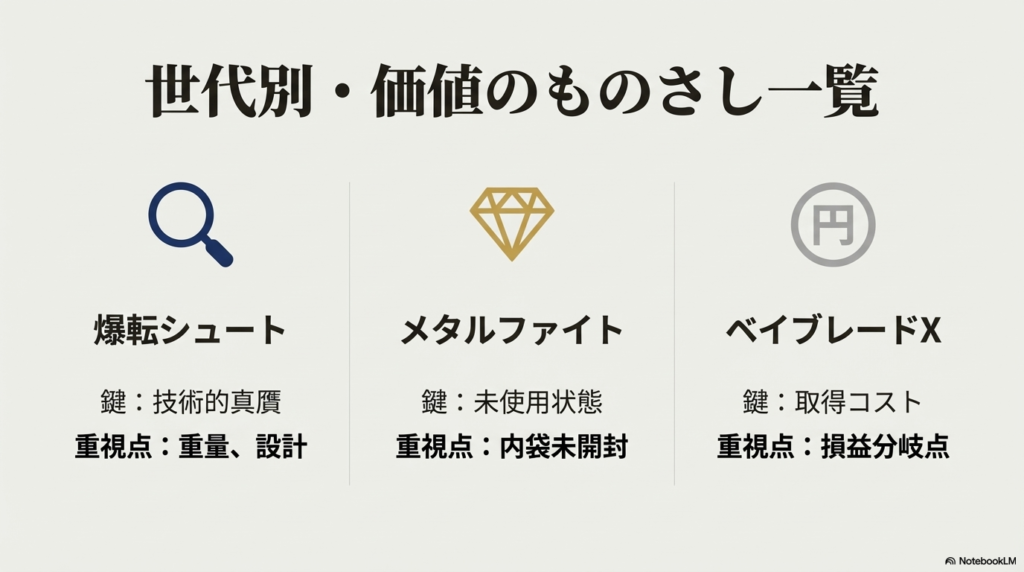 爆転シュート、メタルファイト、ベイブレードXの各世代における「価値の鍵」と「重視点」をまとめた比較表。技術的真贋、未使用状態、取得コストの違いを一目で確認できる。